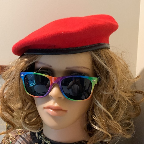 Red Wool Beret With Leather Trim & Black Ribbon 7 1/4 - Picture 3 of 8